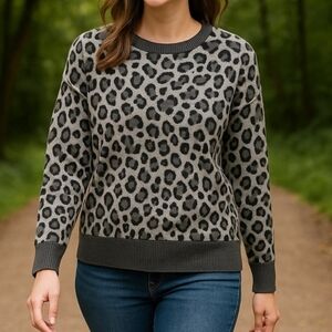 Leopard Print Crewneck Sweater - Gray & Black NWT